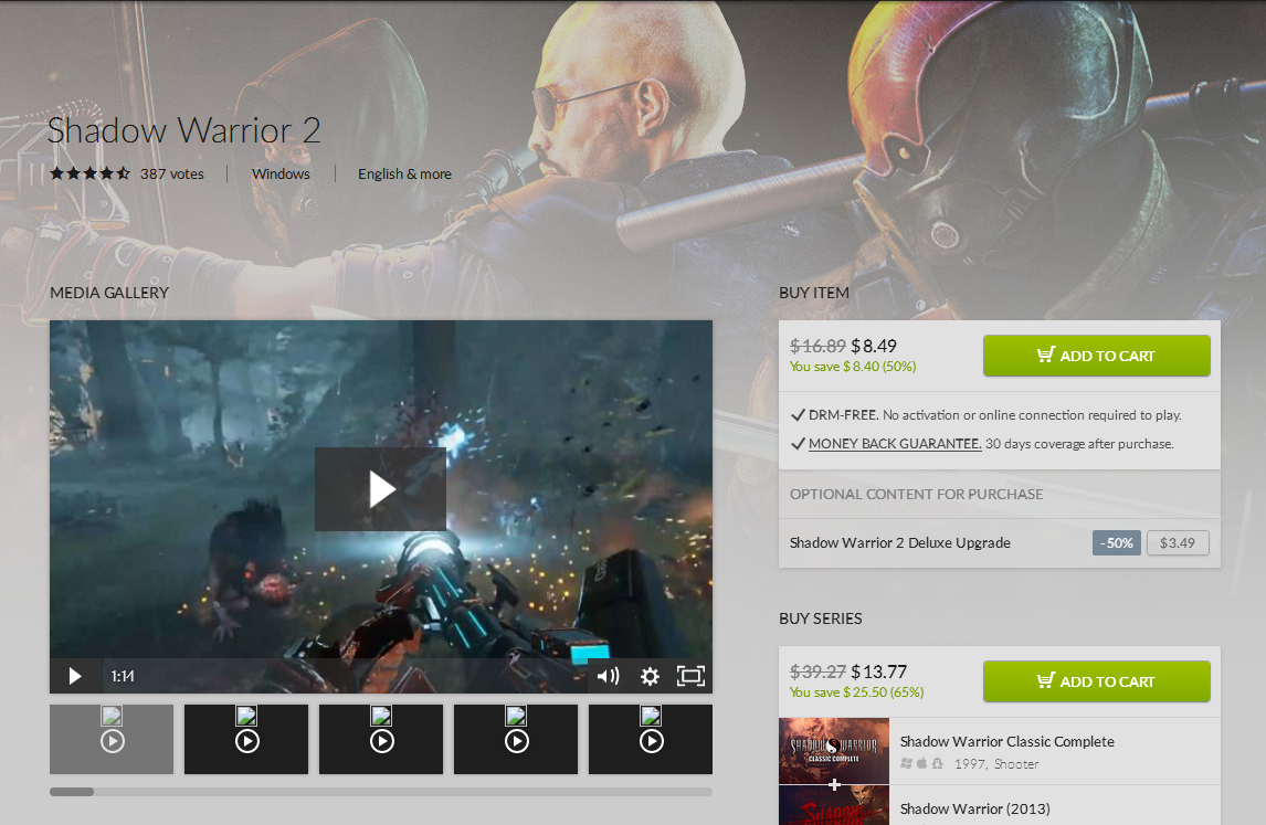 《影子武士2》GOG半价，仅售8.49刀。 
